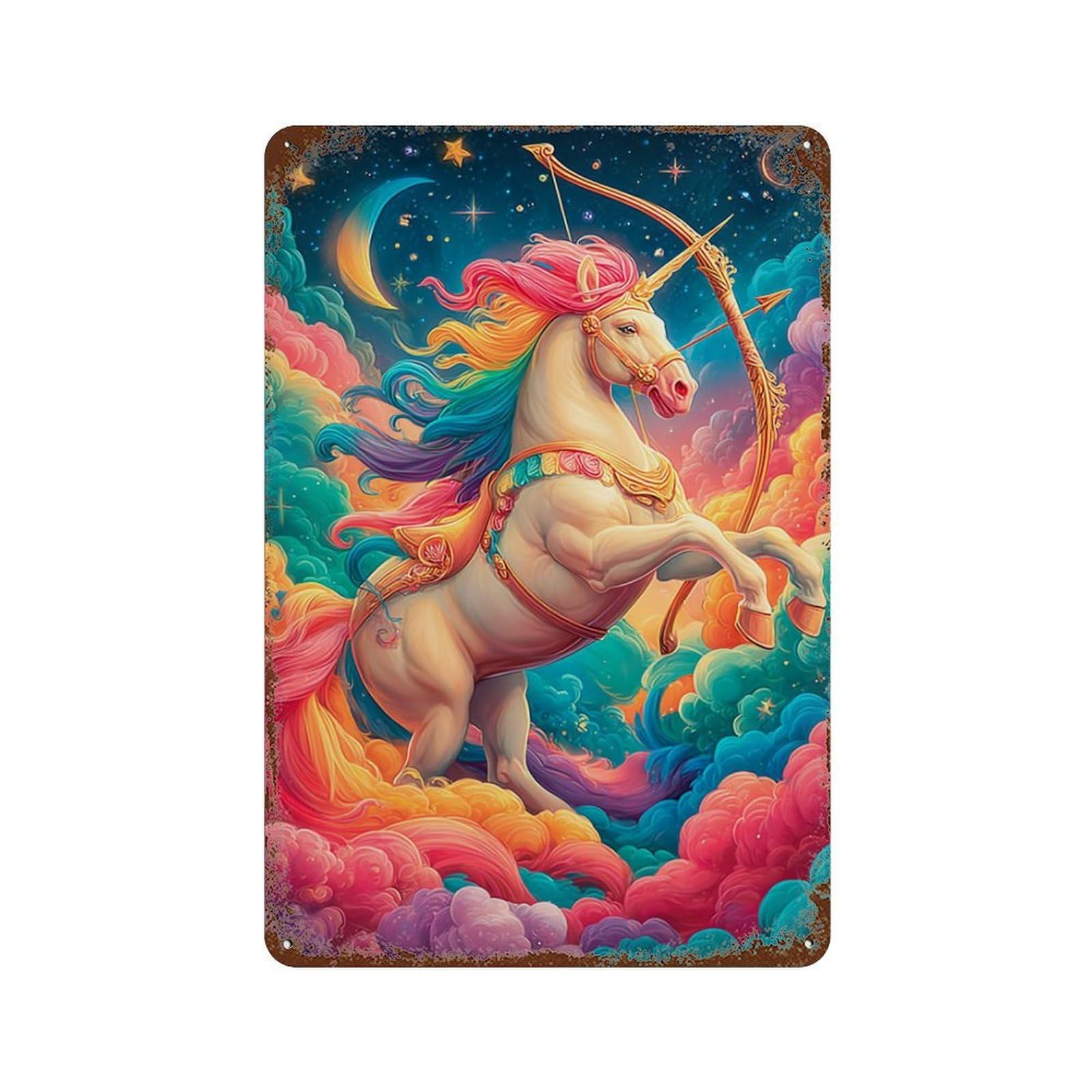 Magical Unicorn with Bow in Clouds Rust Effect Tin Sign 11.8"x7.9", Farmhouse Wall Decor for Living Room, Hallway And Home Decor