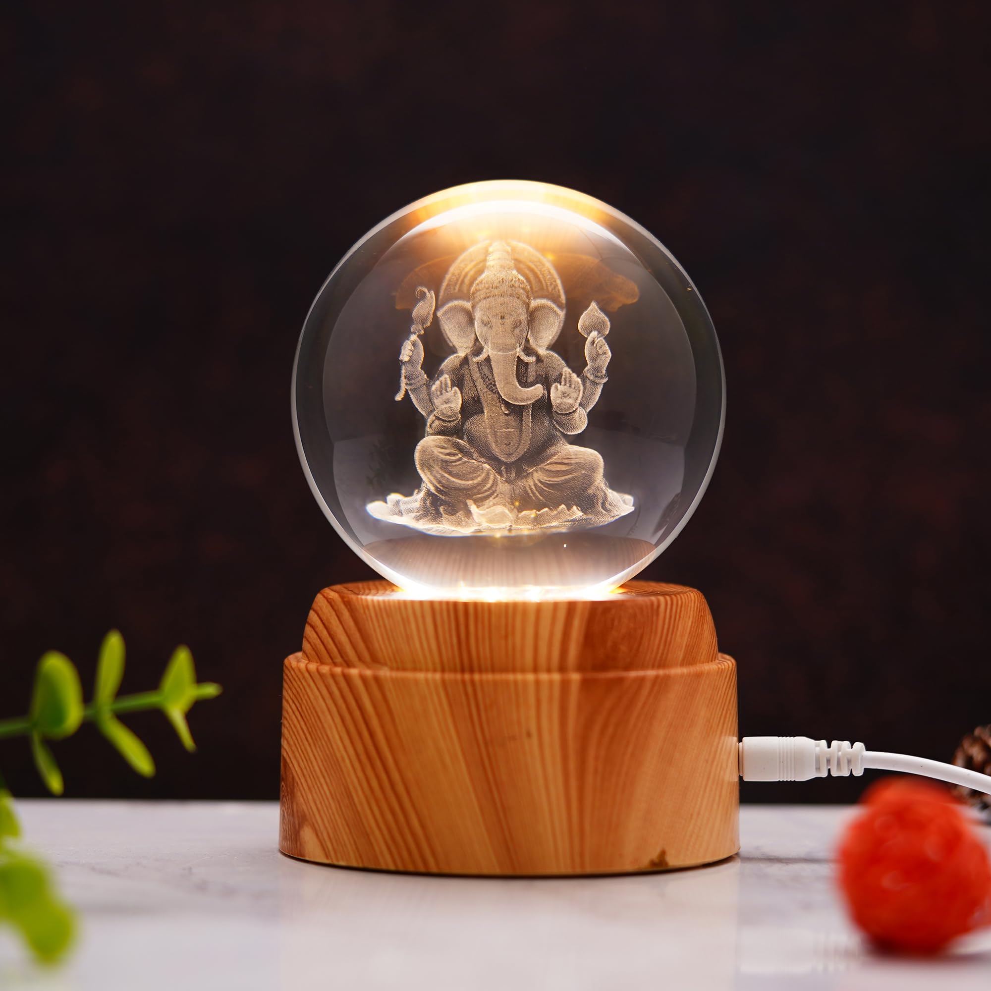 eCraftIndia Divine Lord Ganesha Idol Transparent Crystal Ball Night Lamp with Wooden Base Showpiece | Spiritual Table Lamp for Home Decor Office Hotel Living Room Gift for Diwali Housewarming
