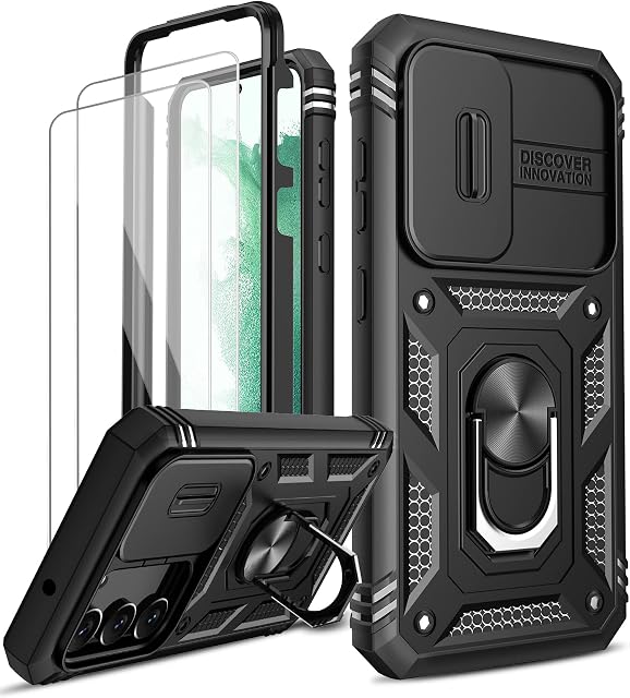 LeYi for Samsung Galaxy S23 5G Case with Camera Cover Slider, 360° Full Body Armour Military Protective Shockproof Phone Cover | 2 Pack Tempered Glass Screen Protector | Ring Stand Holder | Black