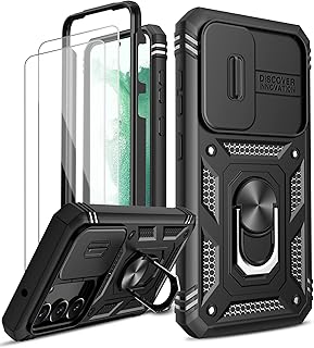 LeYi for Samsung Galaxy S23 5G Case with Camera Cover Slider, 360° Full Body Armour Military Protective Shockproof Phone Cover | 2 Pack Tempered Glass Screen Protector | Ring Stand Holder | Black