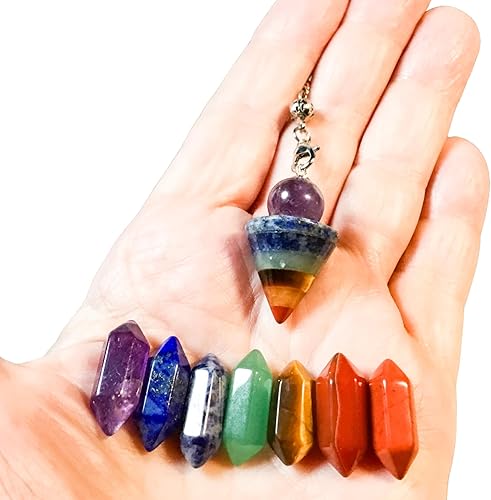 Miniatura 4 de OBILEA Gems Péndulo de 7 chakras y puntos dobles para radiestesia y adivinación, cristales curativos energéticos de equilibrio de chakras con