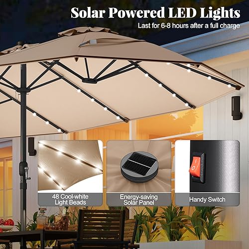 Miniatura 5 de TANGKULA Sombrilla de patio de doble cara de 15 pies con luces solares, sombrilla extra grande con 48 luces LED y panel solar de carga automática,