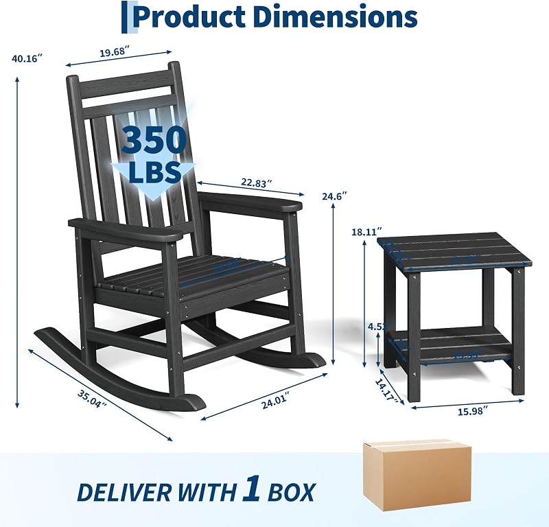 HDPE Rocking Chair Outdoor Set of 2 with Side Table, High Back Rocker image 2