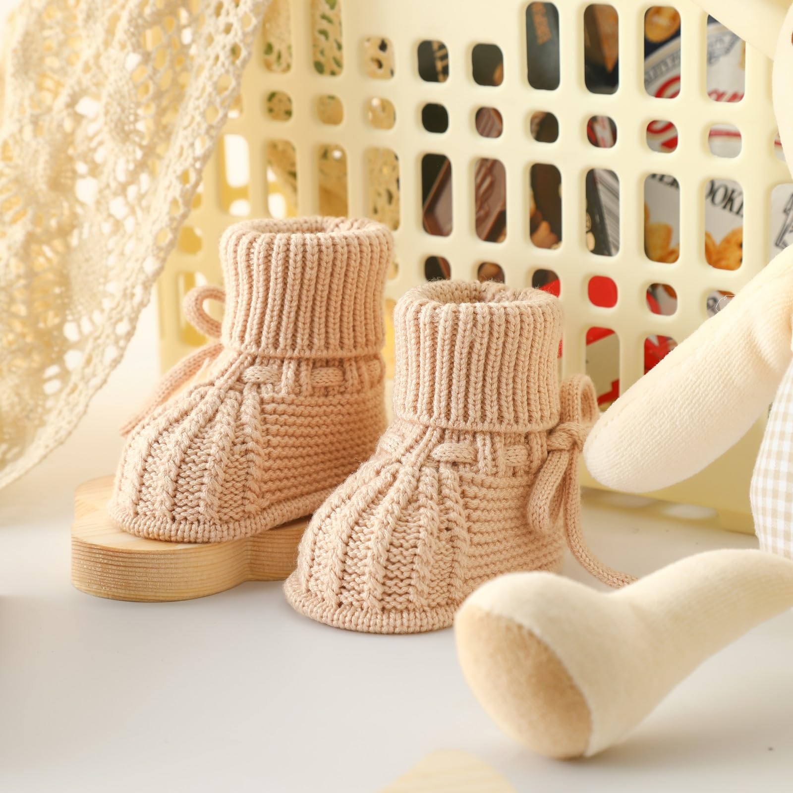 Loyfoky Baby Shoes Newborn Booties Soft First Walking Sock Shoes Knit Cozy Boots for Infant Toddler Boy Girl Khaki 0-3 Months
