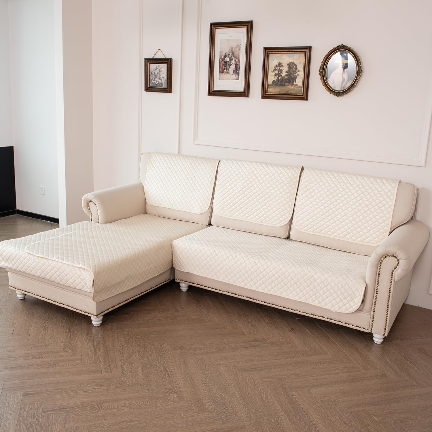 Velvet Sectional Sofa Cover Couch Cover Anti-Slip Sectional Sofa Cover for Dogs Cats L Shaped Armrest Backrest Cover for 3 Cushion Couch Sofa Protect Seat Cover 43"x94" Ivory 1 Piece