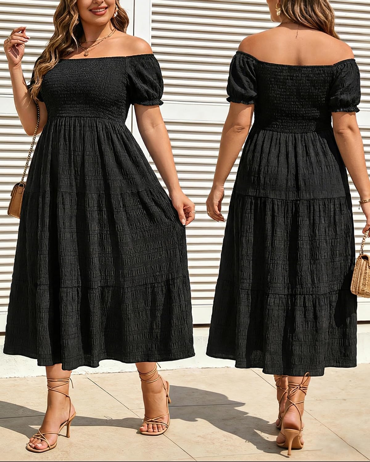 Pinup Fashion Plus Size Summer Dresses Black Off Shoulder Casual Smocked Flowy Spring Wedding Guest Graduation Long Dress with Pockets - Image 5