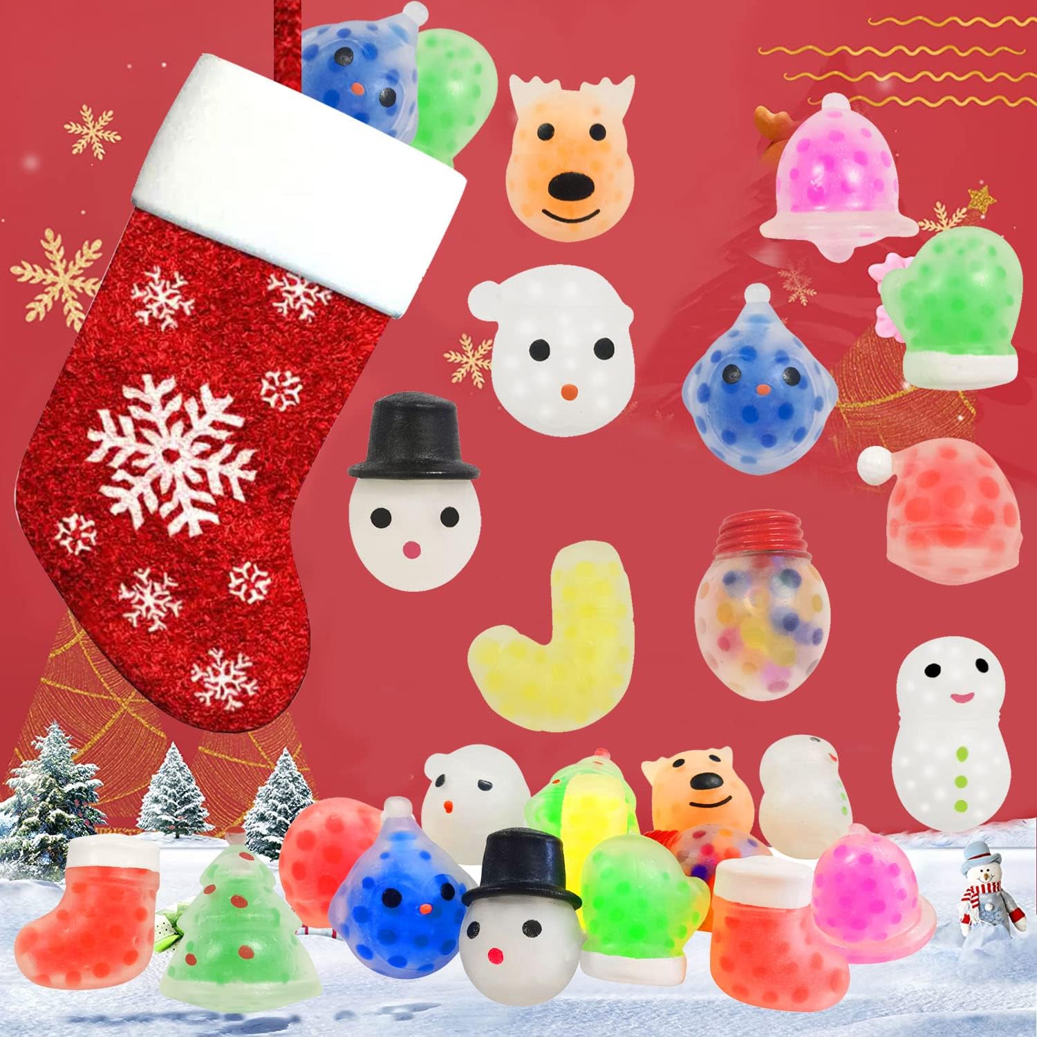 24 Pack Christmas Mini Squishy Stress Balls for Kids Girls Boys,Squeeze Fidget Toys with Water Beads to Stress Reliever for Kids Party Favors,Christmas Party Decorations (Christmas)
