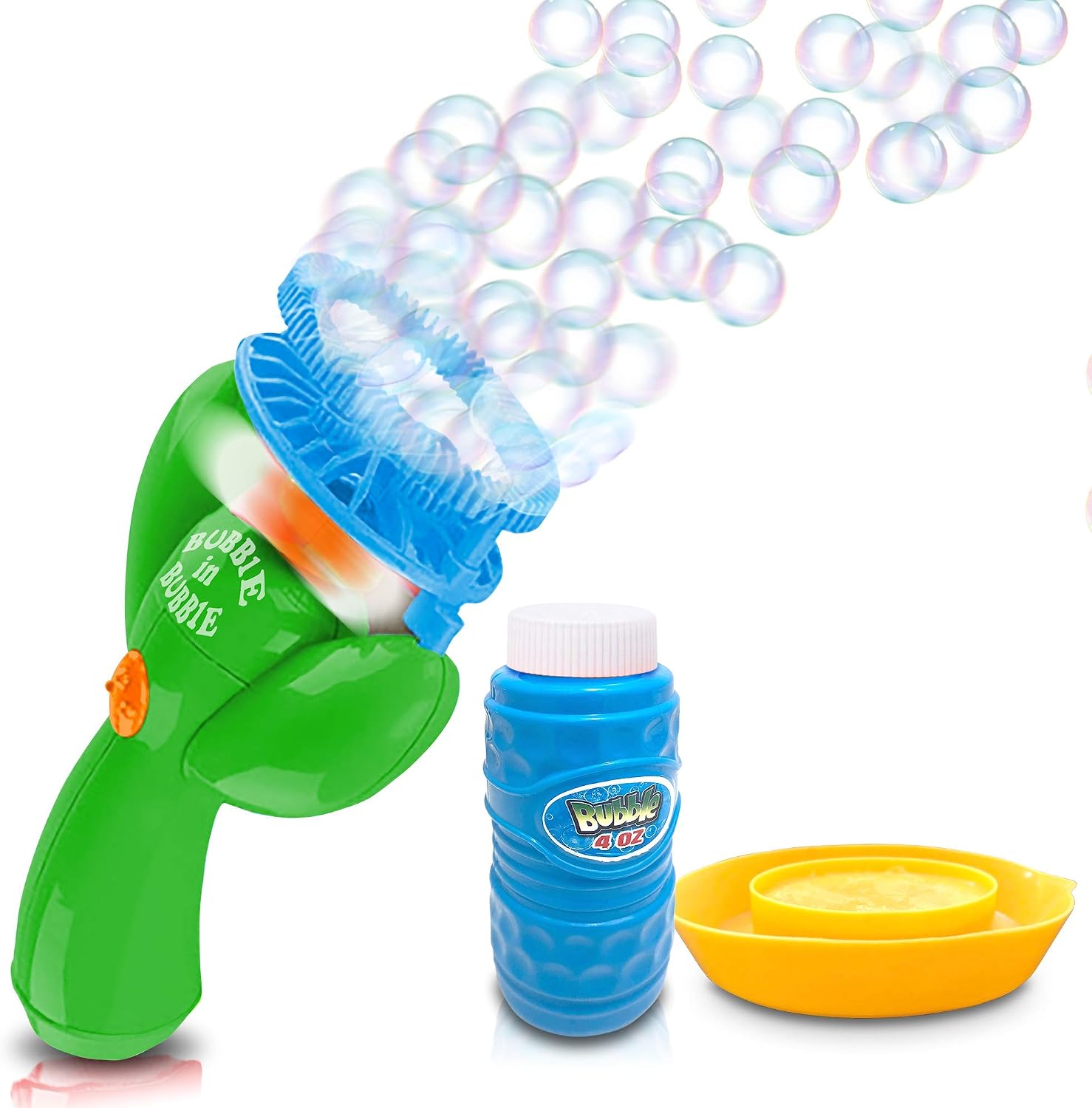 ArtCreativity Double Bubble Blower Fan - Battery-Operated Bubbles Blaster - 4oz Solution and Dipping Tray Included - Fun Bubble Blowing Shooter for Boys and Girls, Great Outdoor Summer Game - Green