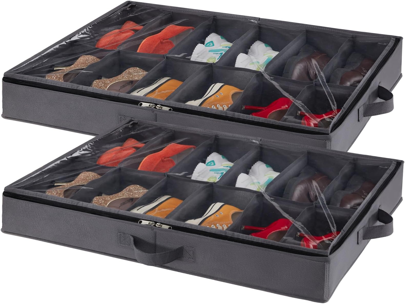 Lifewit Under Bed Shoe Storage Organizer Set of 2, 4.3 Inches Tall Low Profile Fabric Shoes Container Box with Clear Cover, Foldable Storage Bag with 2 Handles, Total Fits 24 Pairs of Shoes, Grey