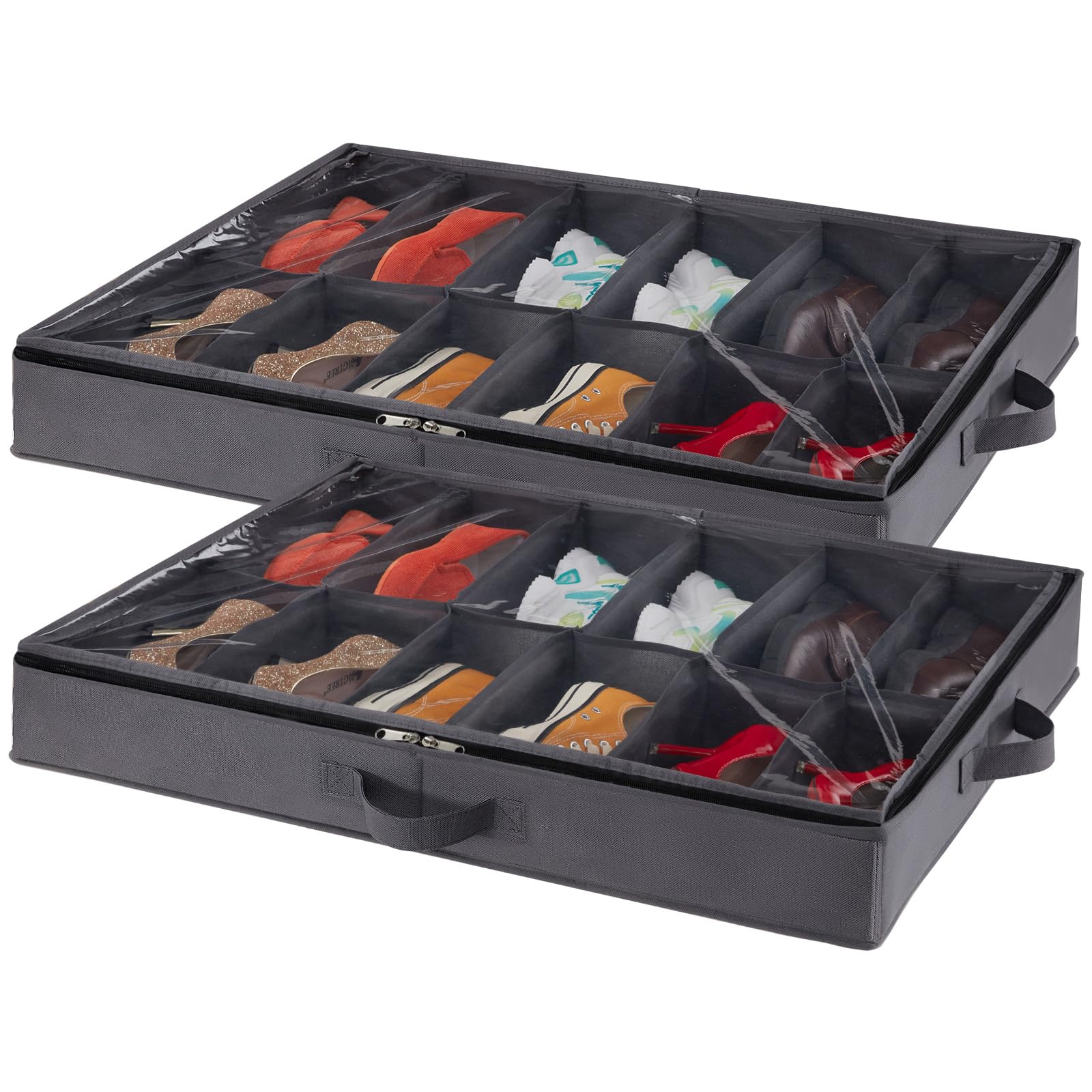 Lifewit Under Bed Shoe Storage Organizer Set of 2, 4.3 Inches Tall Low Profile Fabric Shoes Container Box with Clear Cover, Foldable Storage Bag with 2 Handles, Total Fits 24 Pairs of Shoes, GreyLifewit Under Bed Shoe Storage Organizer Set of…