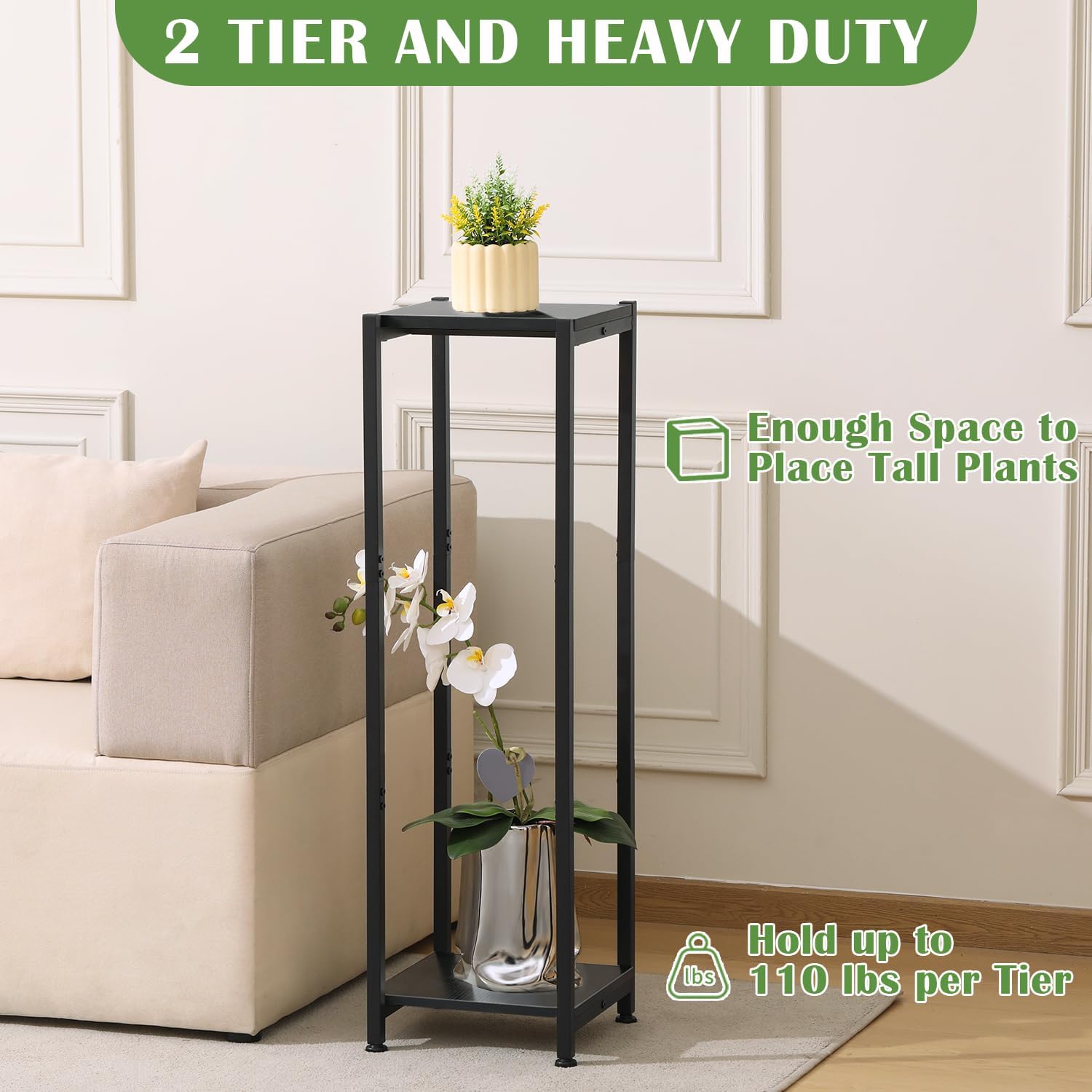 Dipion Extra Tall Plant Stand Indoor,40 Inch Plant Stands,2 Tier Metal Plant Stand with Heavy Duty Wood,Black