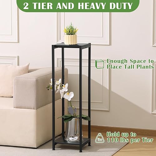 Miniatura 4 de Soporte Extra Alto para Plantas de Interior, Soporte para Plantas de 40 Pulgadas, Soporte de Metal de 2 Niveles con Madera Resistente, Negro
