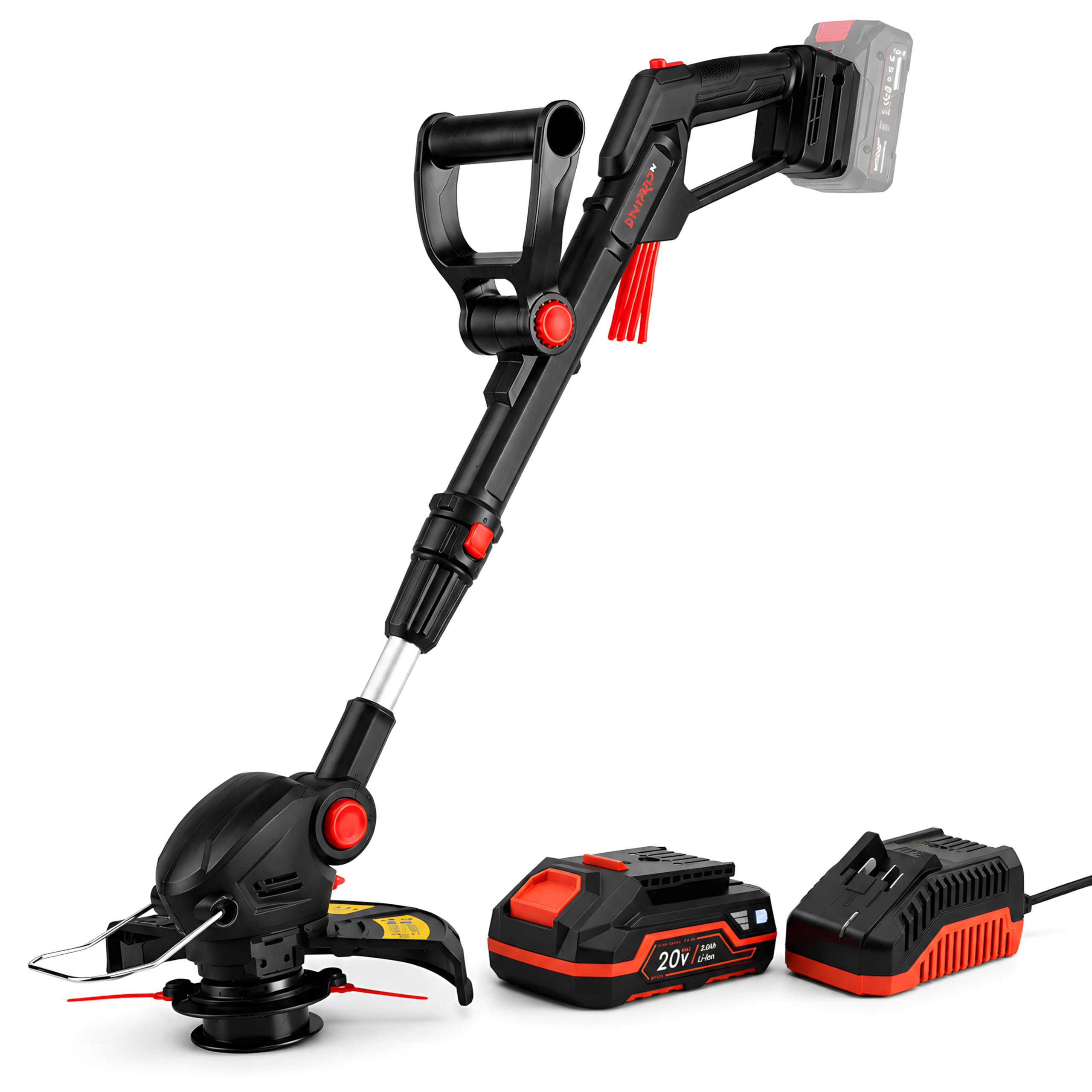 Cortabordes Inalámbrico 20V con Batería 2Ah BP-220 y Cargador, Recortadora de Césped con Barra Telescópica, Compatible DM20 con Más de 300 Herramientas, DTC-201