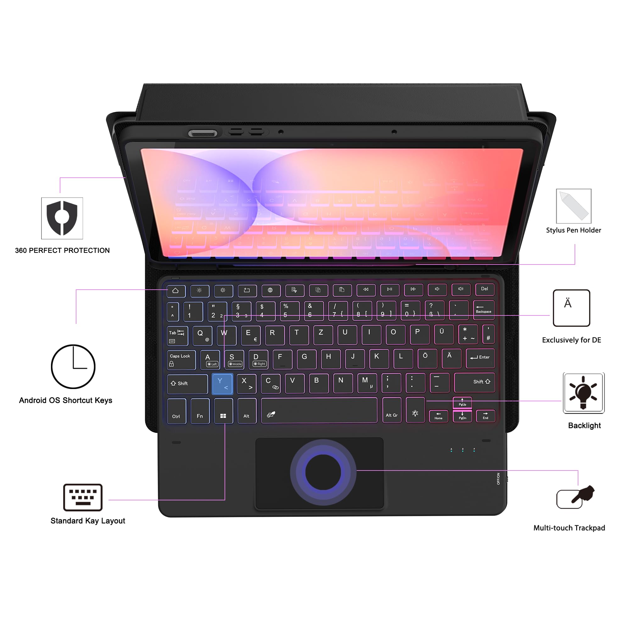für Samsung Galaxy Tab S10 Lite/S10 FE/S9/S9 FE 10,9 Zoll Hülle mit Tastatur : 3-Zonen-7-Farbige Beleuchtung Tastatur mit Touchpad, Abnehmbar Deutsch QWERTZ-Layout Tastaturen Hülle for Tablet S10 Lite