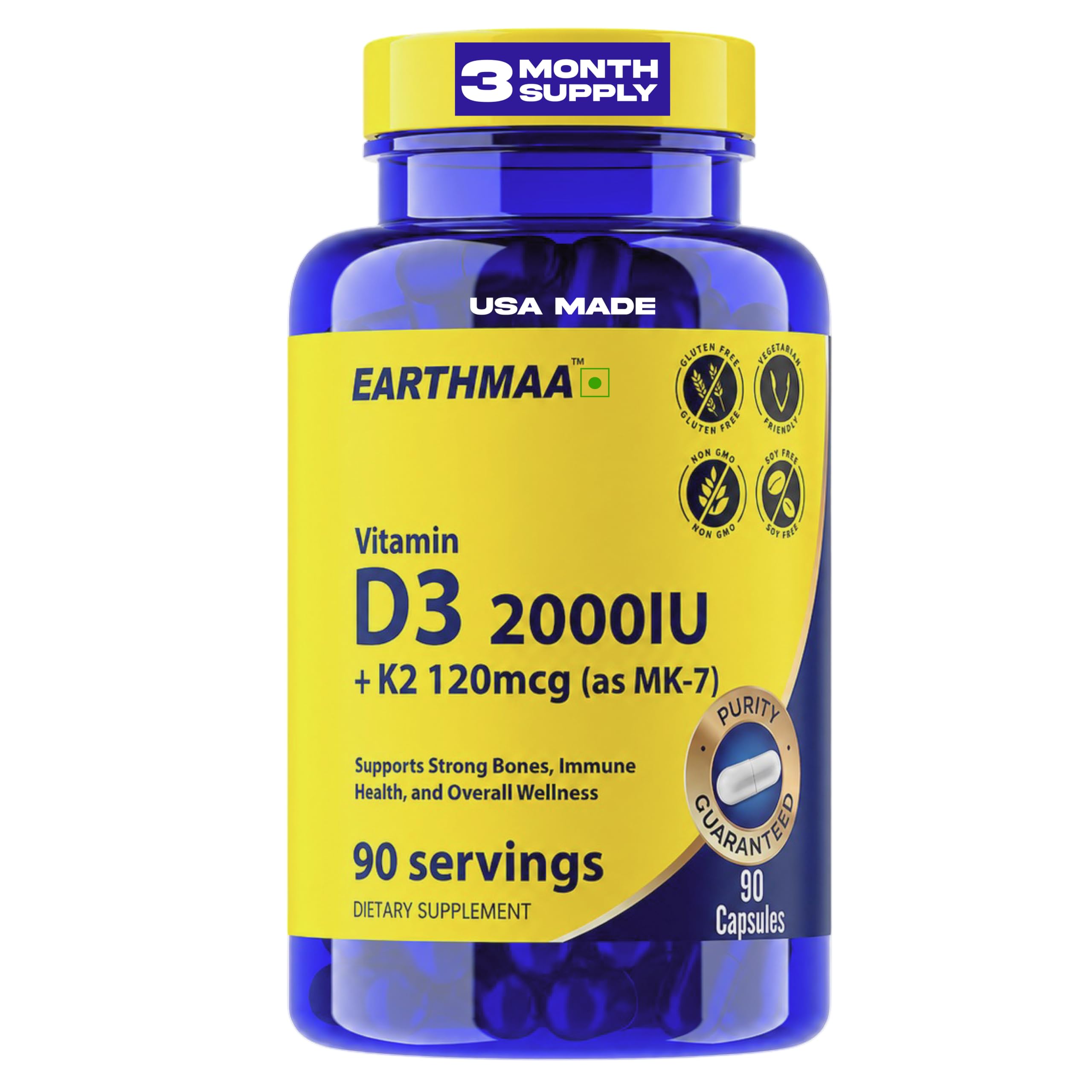 Vitamin D3 2000 IU + K2 MK-7 120mcg - 90 Capsules | Bone Strength, Immune Support & Calcium Absorption | Non-GMO, USA Made in cGMP Facility - 3 Month Supply