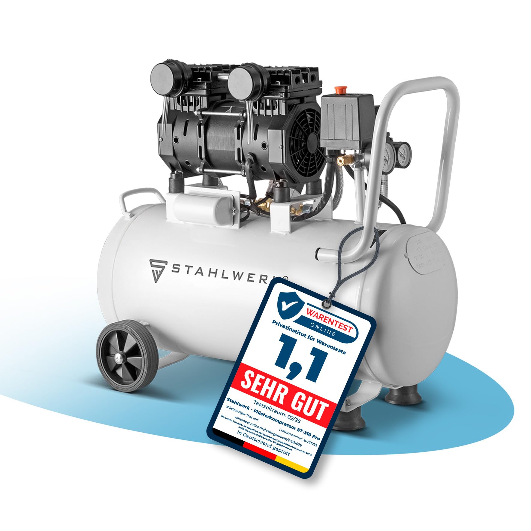 STAHLWERK Kompressor 30 L Tank - ölfrei & leise, 10 bar, Druckluftkompressor mit Brushless-Motoren, 2,1 PS, 1,6 kW, 210 l/min, Silentkompressor, Kolbenkompressor, Flüsterkompressor, ST-310 Pro