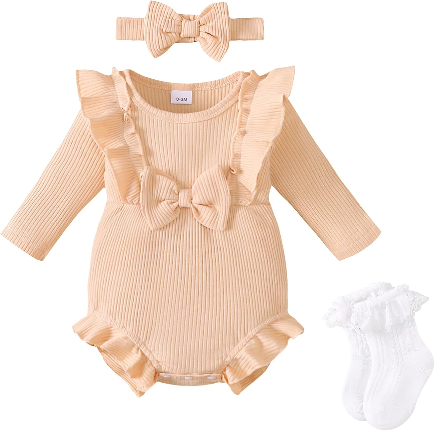 Renotemy Baby Girl Clothes Ruffle Bodysuit Romper Long Sleeve Cotton Outfit with Headband Preemie Newborn Fall Winter Gifts