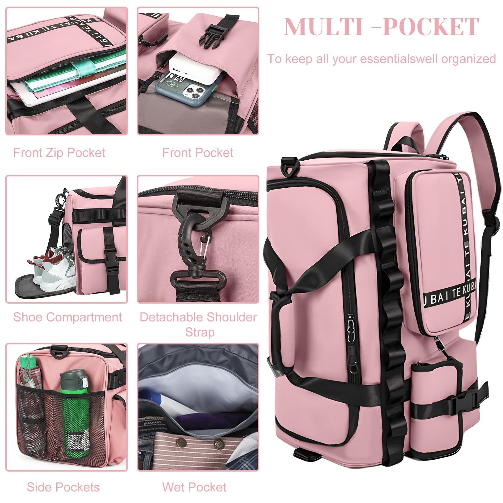 Sporttasche Reisetasche für Damen und Herren, Groß 65L Sporttaschen mit Schuhfach & Nassfach, Large Capacity Reise Tasche Gym Bag, Travel Schwimmtasche Übernachtung Tasche (Rosa)