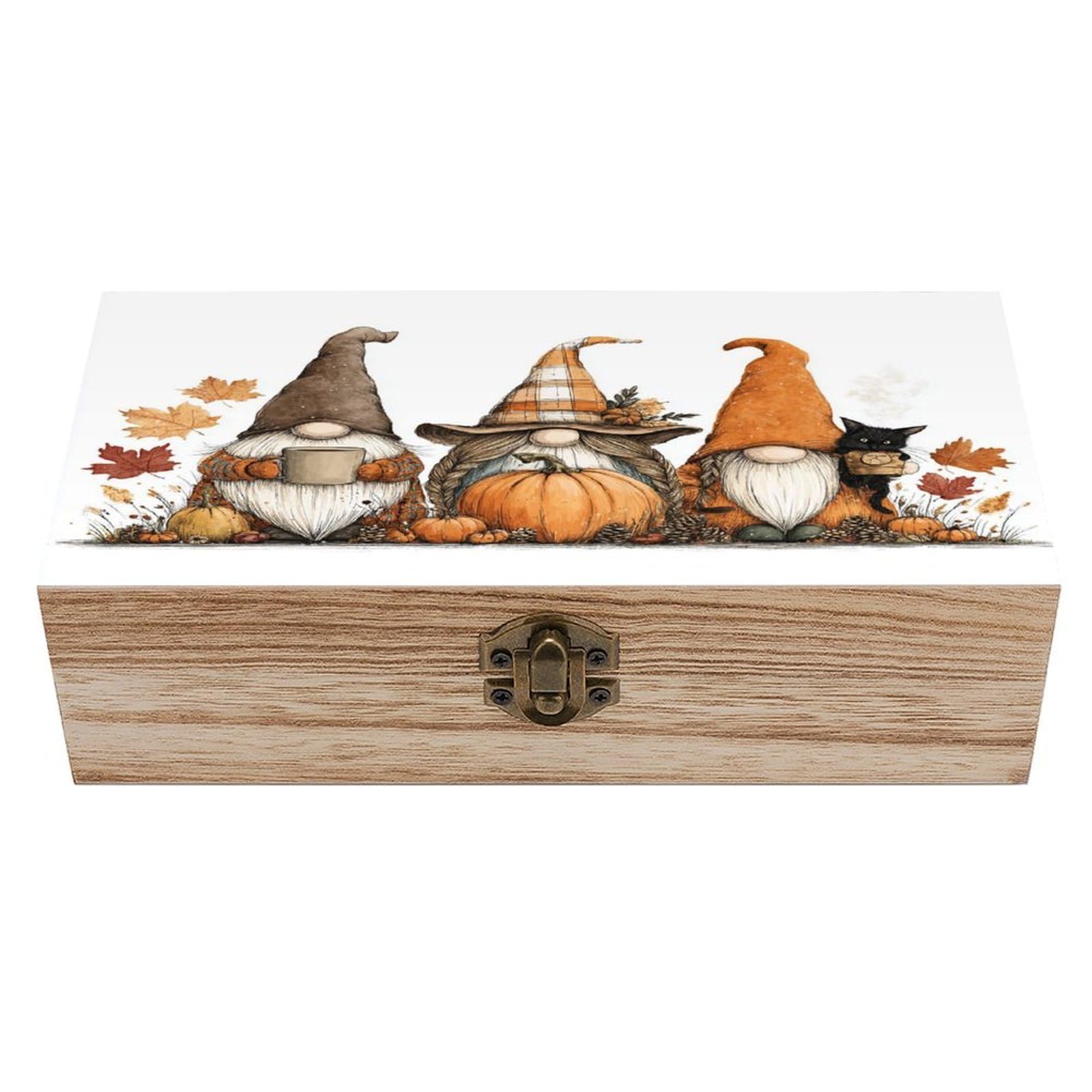 asbwuo Whimsical Autumn Three Gnomes Wooden Storage Box with Hinged Lid