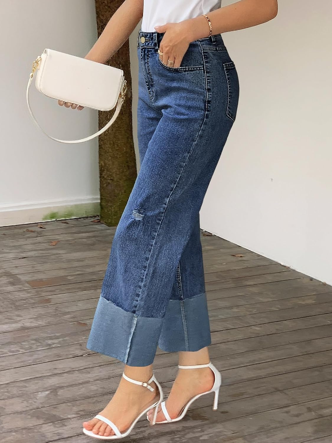 Cicy Bell Womens Wide Straight Leg Jeans High Waisted Trendy Cuffed Hem Distressed Vintage Denim Pants - Image 4