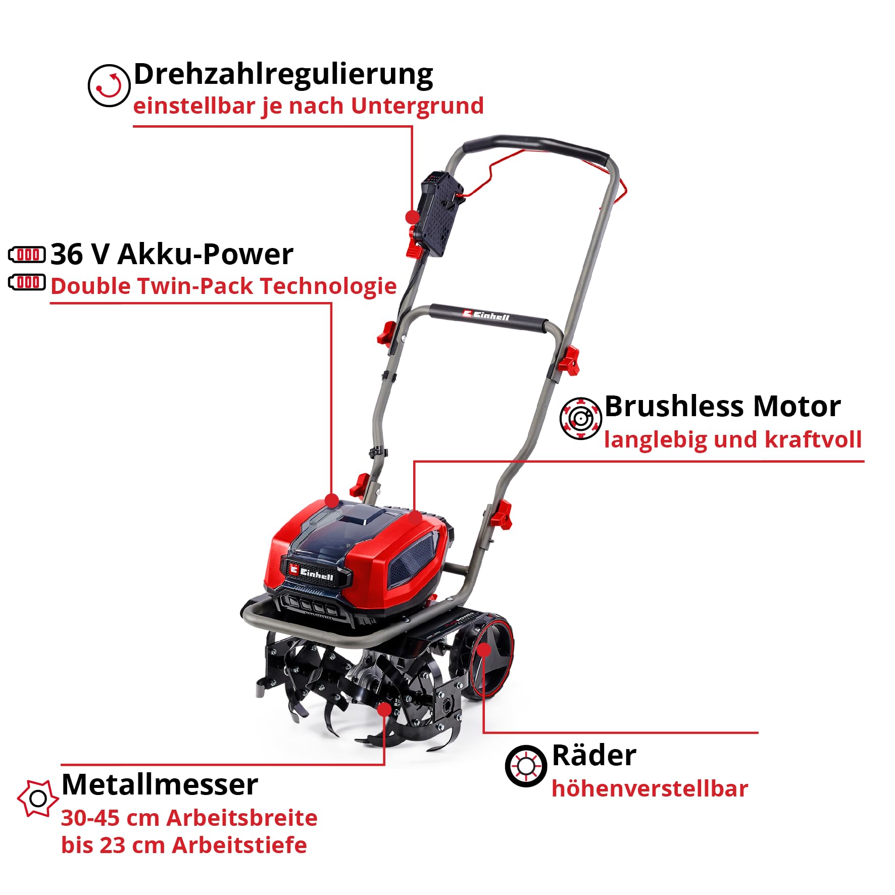 Einhell Akku-Bodenhacke GP-CR 36/45 Li E BL Power X-Change (36 V, Brushless, 45 cm Arbeitsbreite, 23 cm Arbeitstiefe, höhenverstellbare Räder, inkl. 2x 4,0 Ah Akkus + Twincharger)