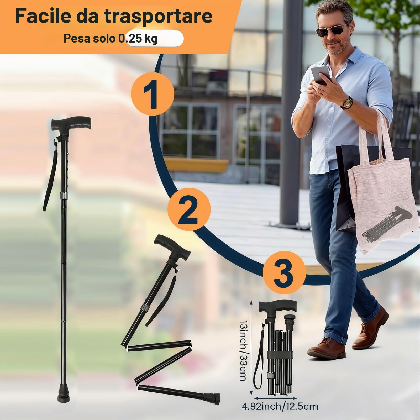 Bastone Passeggio Pieghevole Regolabile 82-92cm Luce LED Supporto 250kg Portata 5 Altezze Impugnatura Antiscivolo Anziani