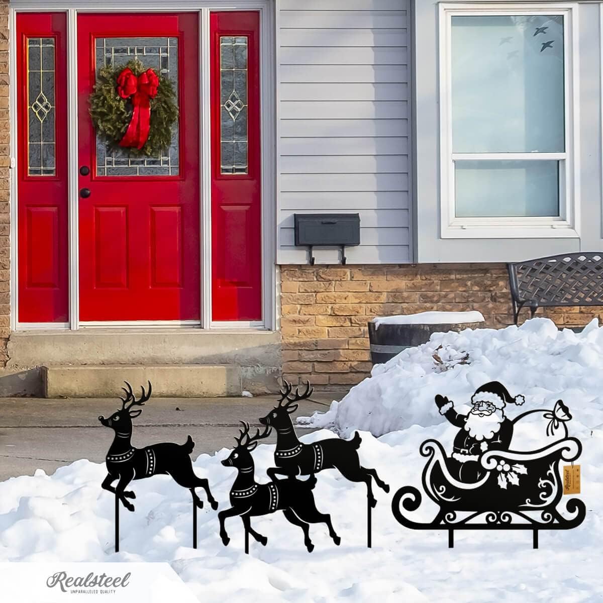 RealSteel Outdoor Christmas Santa Sleigh Set – Holiday Yard Decorations – Winter Xmas Spirit Décor – Santa Clause Rudolph Reindeer – Feliz Navidad Merry Christmas Large Garden Art Display with Stakes Black Assorted