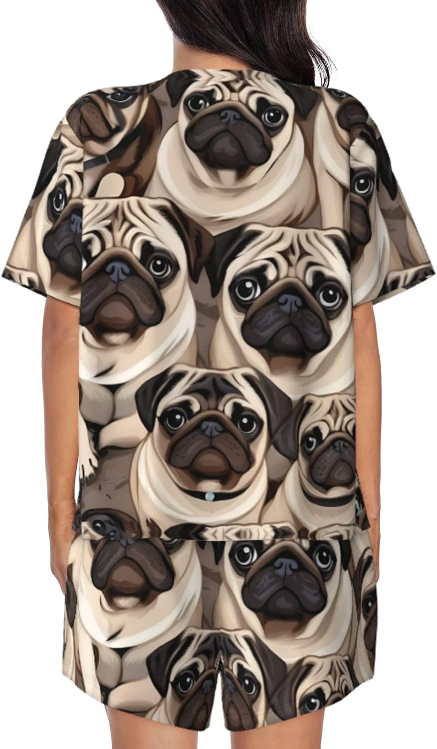 Funny Pug Pattern Print Two Piece Outfits For Women Lounge Sets Shorts Pajama Short Sleeve Nightwear Set