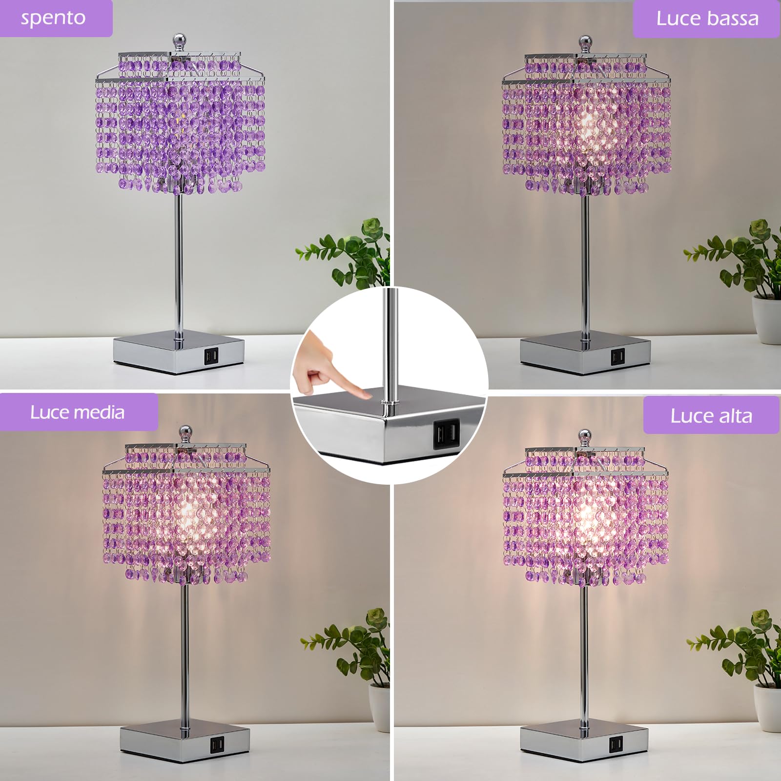 GyroVu Lampada da Tavolo in Cristallo, Lampada Touch con Porte USB C+A, Lampada Dimmerabile per Comodino, Camera da Letto, Soggiorno, Lampadina Inclusa
