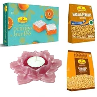 Haldirams Nagpur Orange Burfee 500 Grams, Masala Peanuts200 gm,Phalhari Chiwda200 gm with Large Diya