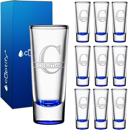 Vasos de chupito personalizados con parte inferior azul de 2 onzas, iniciales divididas y nombre para regalos, bodas, cumpleaños, fiestas, eventos,