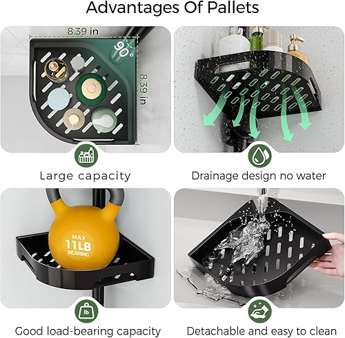 Miniatura 7 de Poste de tensión de 4 niveles, organizador de ducha de esquina ajustable para baño, instalación sin herramientas, estante de almacenamiento a prueba