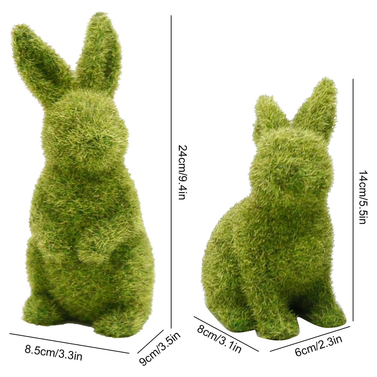 MDEOOSKY 2 Stück Oster-Moos-Hasen-Figur, beflockte Hasenstatue, grüne Nachahmung Moos Kaninchen Skulptur, für Ostern Festival Garten Hof Home Party Ornament Dekoration