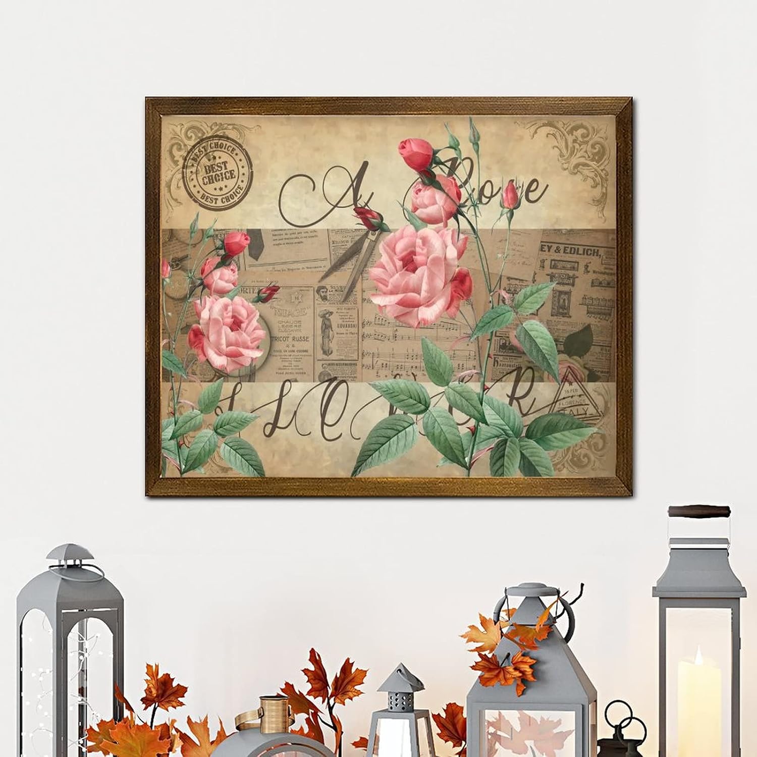 Vintage French Rose Flower Framed Wood Signs Retro Newspaper Music Note Hanging Wood Sign Vintage Blossom Floral Wall Art Hanging Decorative for Bedroom Living Room Office Outdoor Home 16x20 Inch