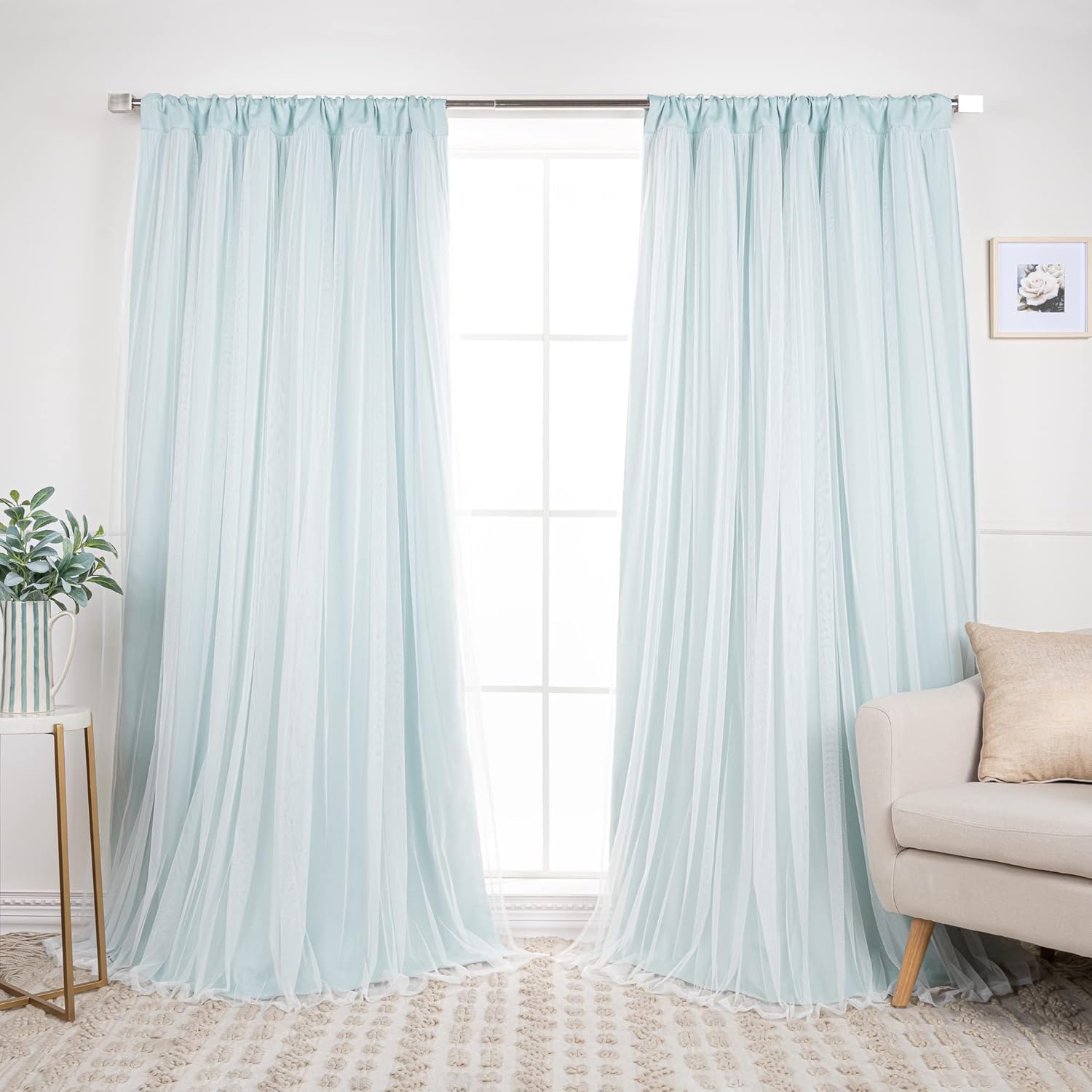 Best Home Fashion Lace Tulle Overlay Thermal Insulated Solid Blackouts - Rod Pocket - Set of 2 Panels - 52" W x 84" L - Mint