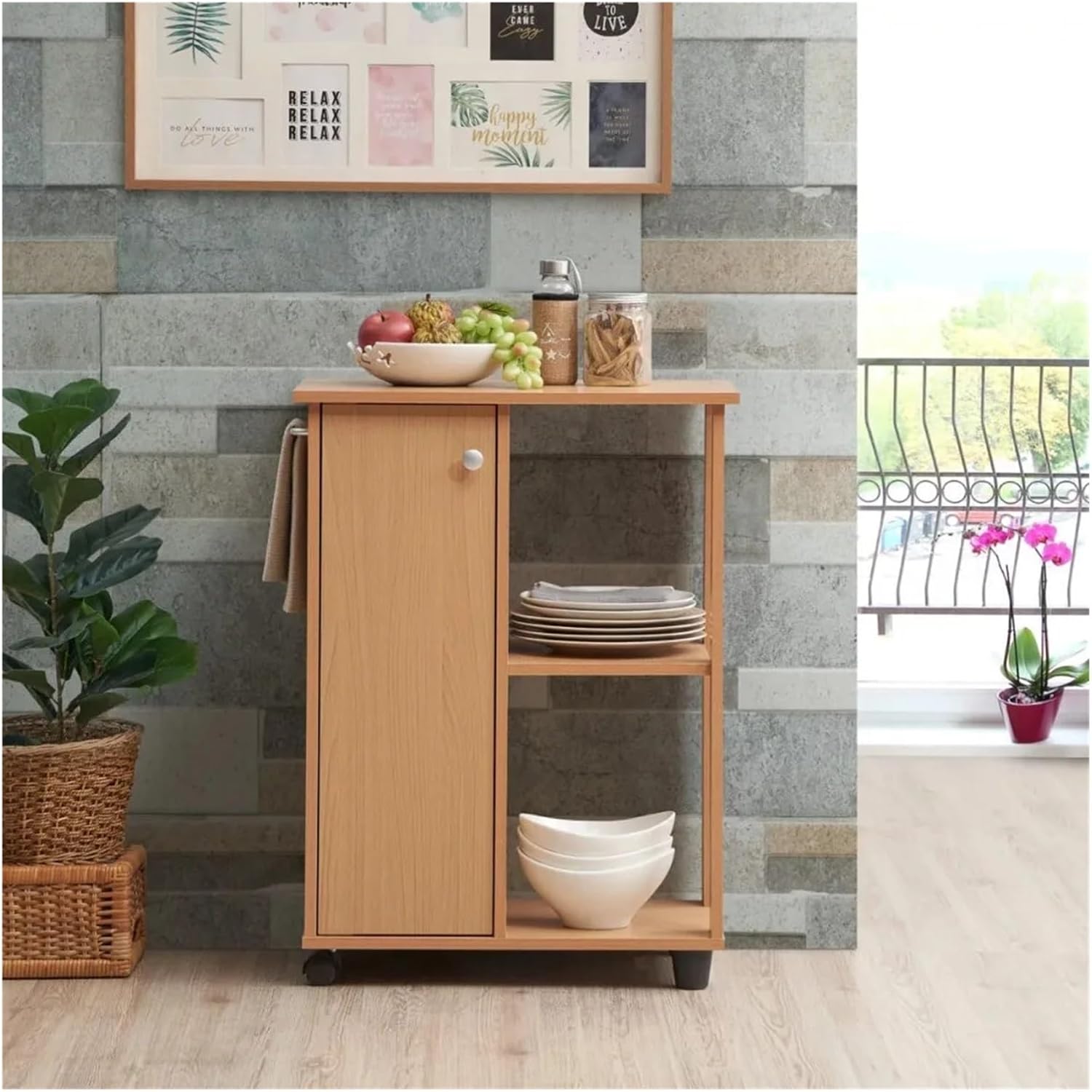 Storage Trolley 2-Tier Rolling Cart,Wood Furniture with Cabinet,Open Storage Shelves,for Kitchen Bathroom Shelving Organizer