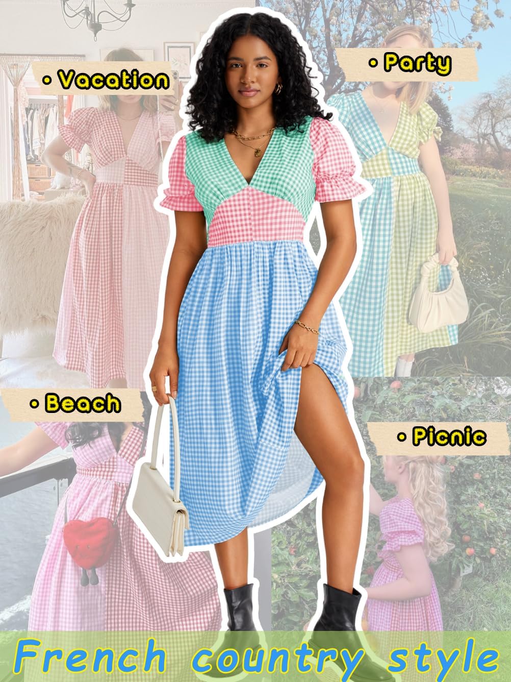 Kaei&Shi Color Block Gingham Dress,V Neck Puff Sleeve Midi Dresses,Cottagecore Vacation Summer Beach Outfits for Women