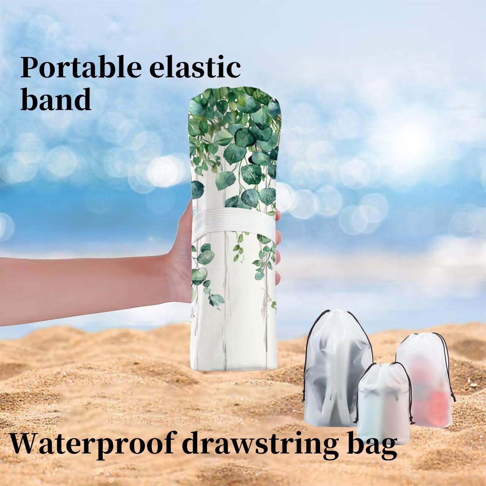 Ręcznik z mikrofibry w kształcie liścia XXL 220 x 100 cm, chłonny i szybkoschnący ręcznik do sauny z gumką, antypoślizgowy, na plażę, do pływania, Y1-852