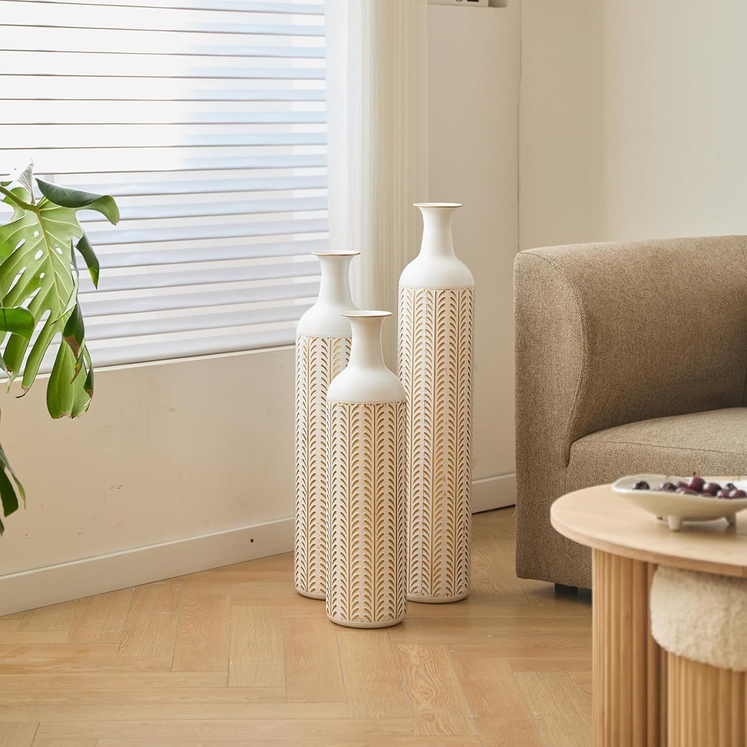 Metal Tall Floor Vase Set of 3, Large Gold Vase Decorative Tall Stand Vases for Dried Flower, Modern Home Decor for Living Room, Hallway, Wedding Centerpiece, 23.6"/27.5"/31.5", White Leaf Shape