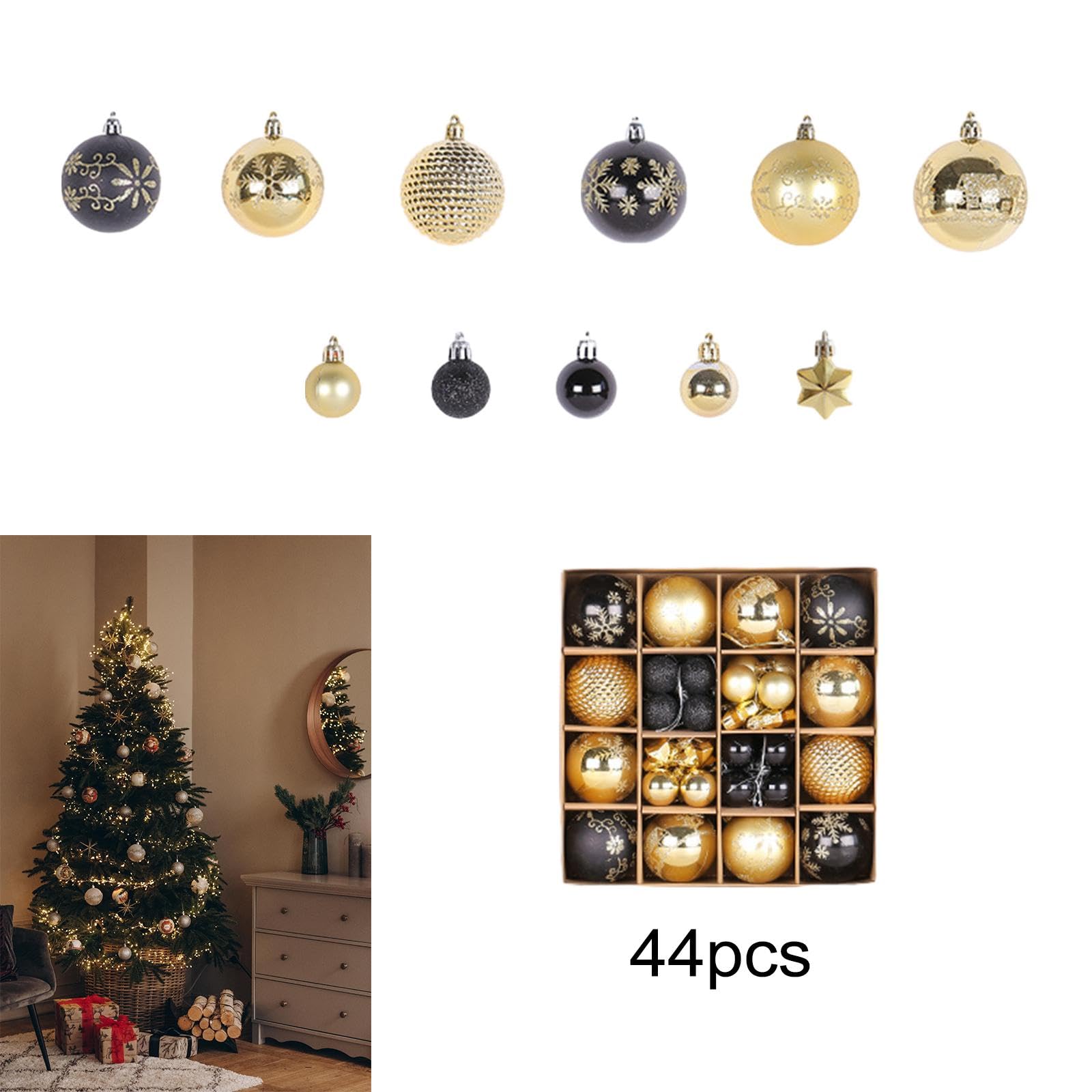 Baoblaze 44 Palline di Natale Decorative, Decorazioni Natalizie da Appendere per La Casa E Il Giardino, Oro Nero