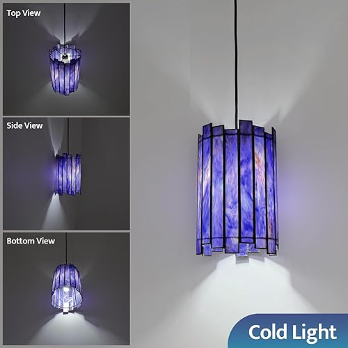 Miniatura 3 de Tiffany - Lámpara colgante cilíndrica de latón de 7 pulgadas con vitrales para vestíbulo, entrada, dormitorio, comedor, escalera (azul profundo)