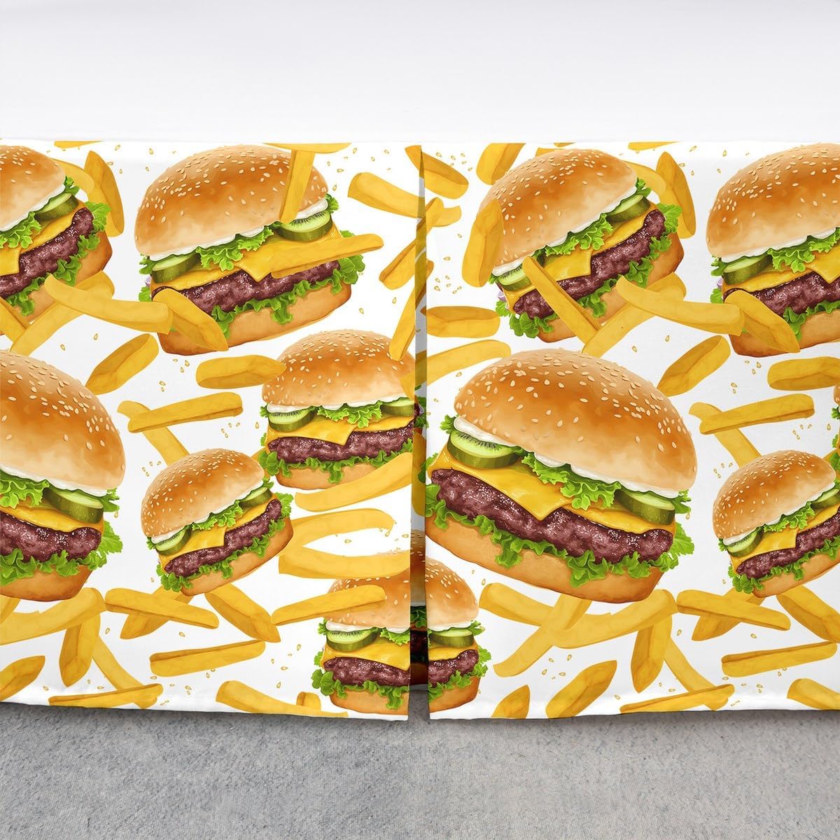 Cartoon Hamburger Kids Bed Skirt King Size,French Fries American Fast Food Bedskirt 3pcs for Boys Girls Room Decor,Hand Drawn Graffiti Bed Wrap Bedding,Yellow White Fitted Sheet,2 Pillowcases