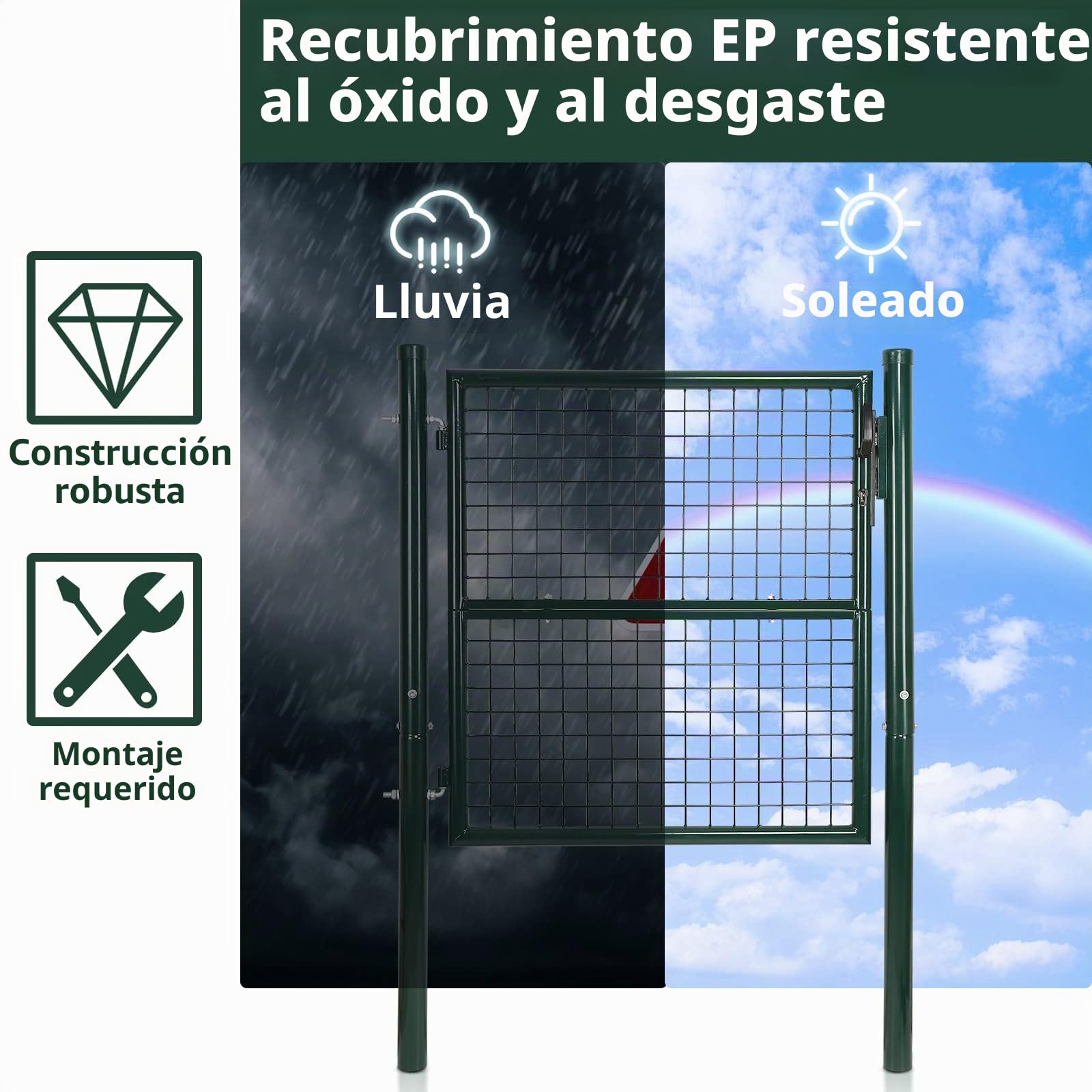 Gimisgu Puerta de Jardín de Acero Galvanizado, 150 x 100 cm, Con Cerradura y 3 Llaves, Robusta y Duradera, Para Entrada, Verde