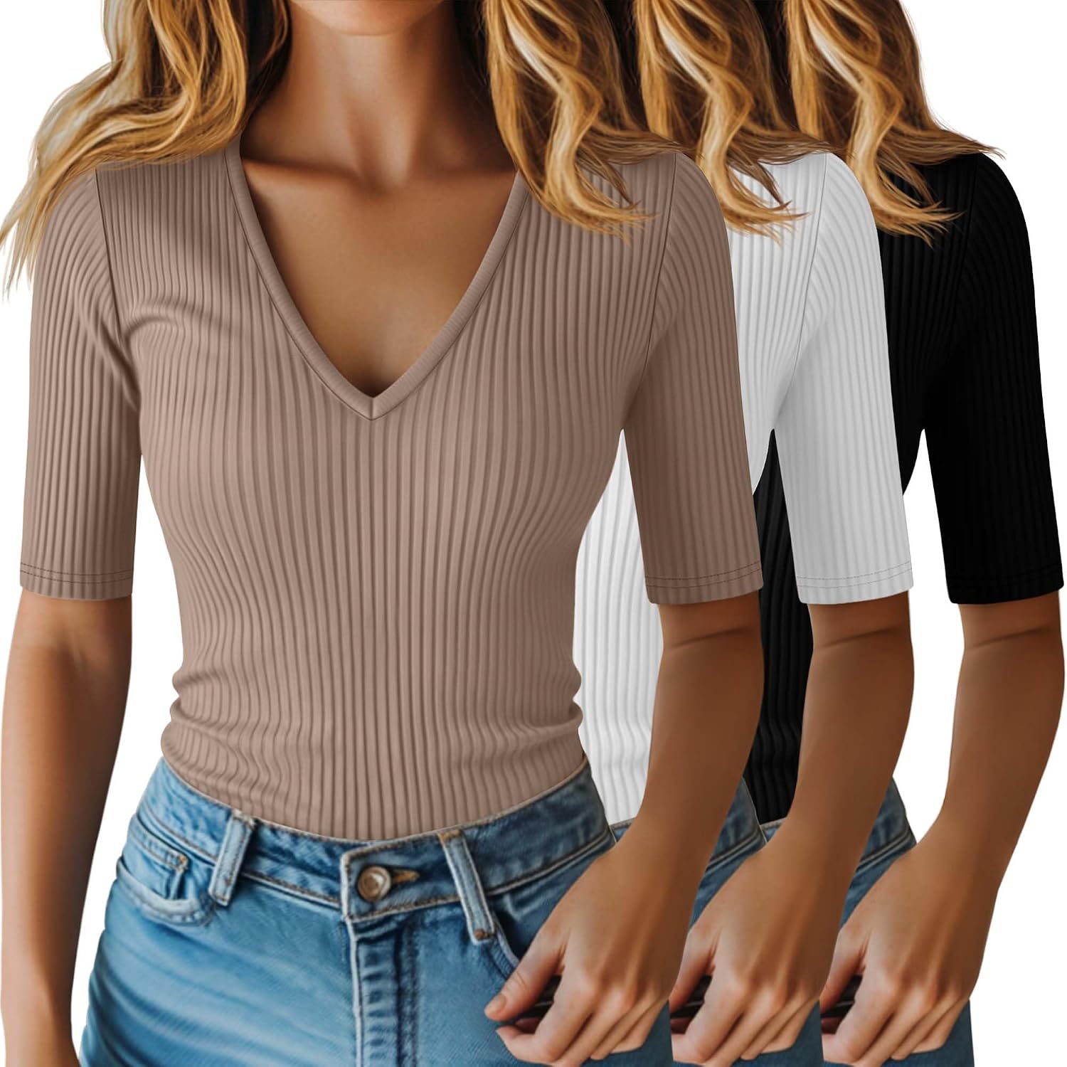 Riyiper 3 Pack Women's Half Sleeve Top Elbow Length Ribbed Cotton T Shirt Women V Neck Summer Tee Slim Fit Casual Blouses