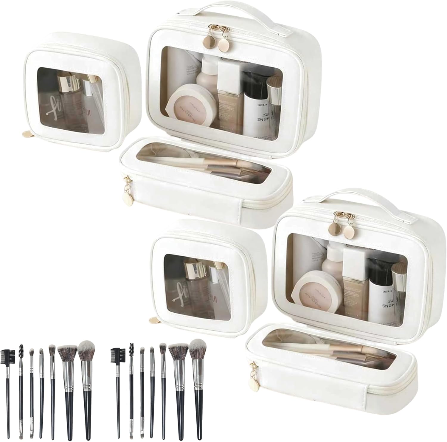 2 Complete Sets of 3-Size Makeup Bags | Premium Transparent & Waterproof Cosmetic Organizer Storage Bag | Travel Toiletry & Skincare Storage Set (White+Black, L+M+S)