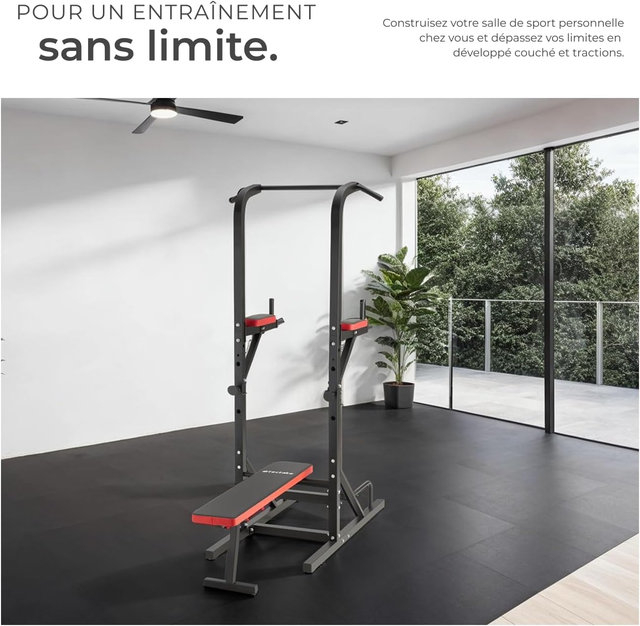 The tectake Power Tower with its foldable weight bench in a home gym setting, demonstrating its compact design and suitability for various exercises.