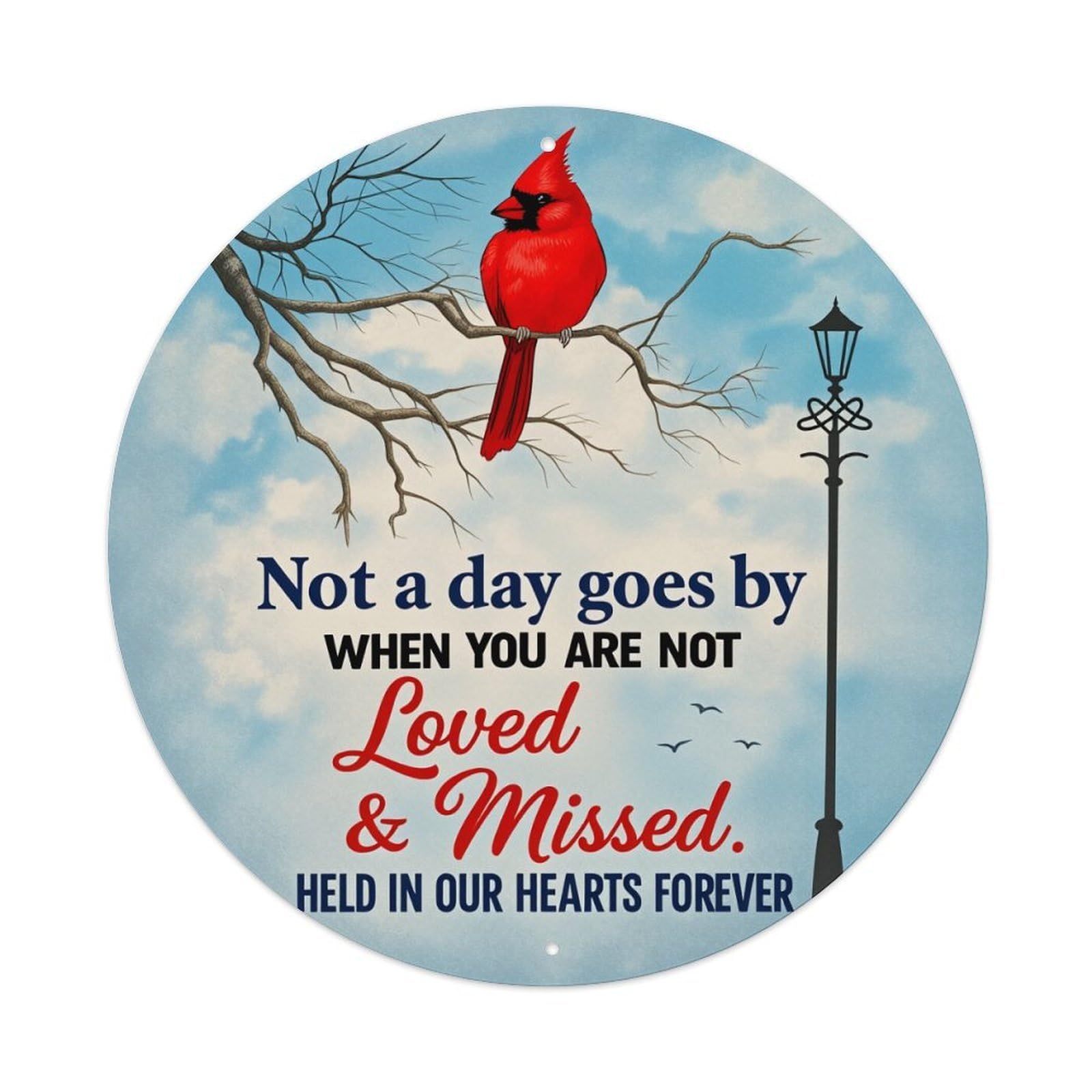 Cardinal Bird Sky Lamp Post Round Tin Sign Vintage Metal Poster, Home Bar Garage Man Cave Cafe Indoor & Outdoor Wall Decoration 8x8Inches