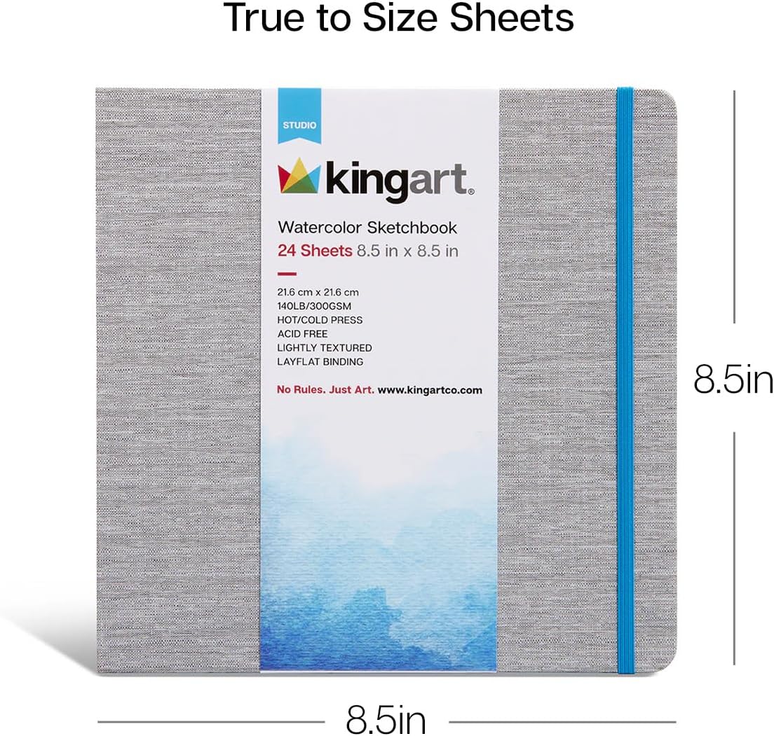 KINGART Watercolor Paper Sketchbook – Square, 8.5 x 8.5 Inch, 1-Pack – 24 Pages Heavyweight Cold-Pressed Acid-Free Paper Bound Journal for Art Journaling & Painting
