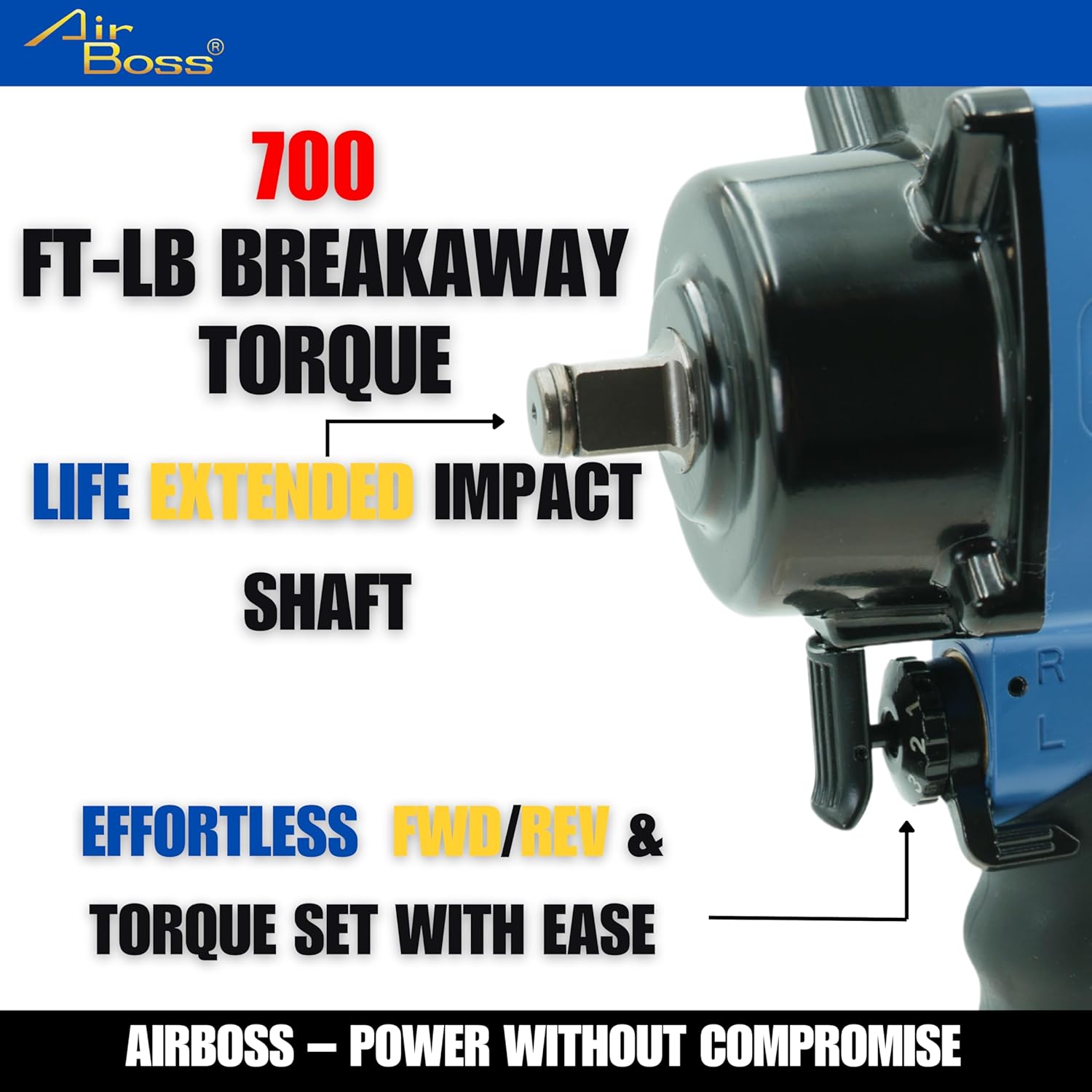 Airboss AW-100T 1/2" 700 ft-lb Breakaway Torque US, Germany Award Winning stubby Impact Twin Hammer Mechanism for Industrial and Automotive Use