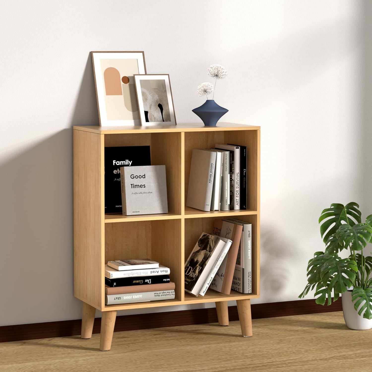 4 Cube Storage Organizer with Legs, 2 Tier Cube Low Bookcase Freestanding Storage Display Organizer for Home Office, Four-Cubes Open Shelf Short Bookshelf (Natural Oak, 4 Cube)